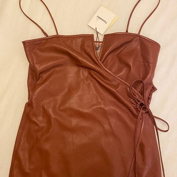 - Nanushka Anubi Asymmetrical Side-Tie Vegan Leather Brick Midi Dress, L - Picture 7 of 12